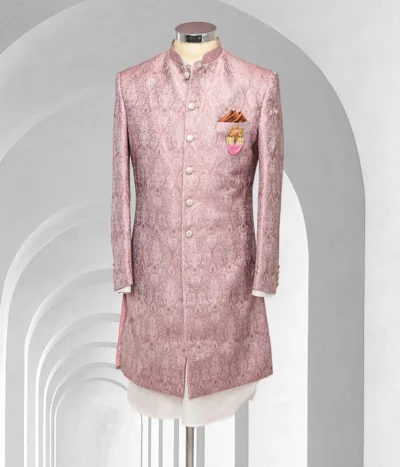 Baby Pink Colored Printed Ethnic Achkan